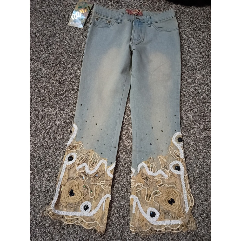 QQMEI Womens Light Wash Lace Embroidered Flare Jeans Y2K Boho Beaded Denim 26x31